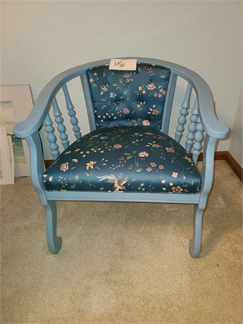 Painted Blue Wood Spindle Chair with Floral Fabric