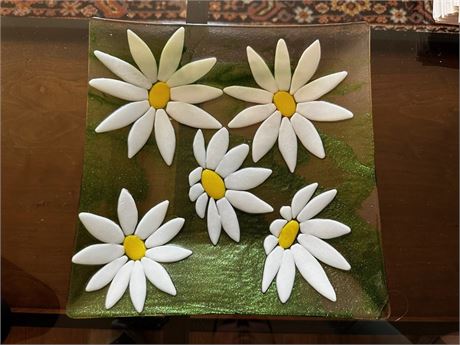 Green Glass Platter with Daisies