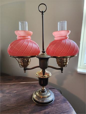 Antique Student Lamp~Salmon Glass Shade & Brass