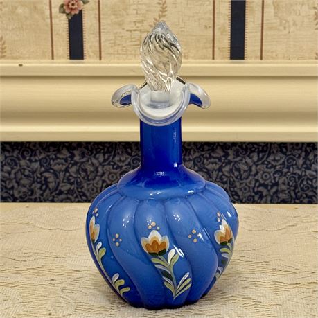 Signed Fenton Art Glass Hand Painted Perfume Bottle - 6.5"T