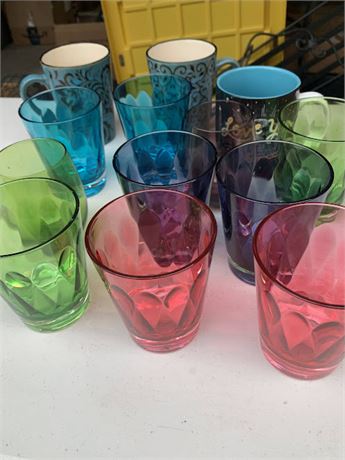 Colorful Glass Drinking Glass/Tumbler Set & Turquoise Ceramic Mugs