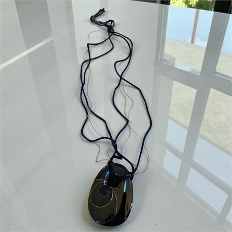 Handmade Glazed Ceramic Dark Blue Corded Pendant Necklace W/Gold Accents