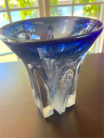 Brent Key Young Bohemian Crystal Cobalt Blue Cut To Clear Glass Vase From 1983