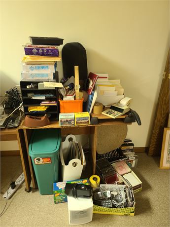 Large Office Supply Lot: CD's/Card Stock/Paper/Paper Cutter/Storage/Wood Table