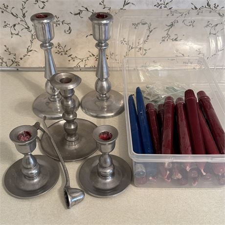 Collection of Pewter Candlestick Holders and New/Unused Candles
