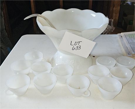 Anchor Hocking Milk Glass Grape Pattern Punch Bowel Set