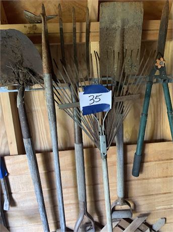 Garden Tool Lot Shovels Pitch Fork Rakes Hoe Trimmers