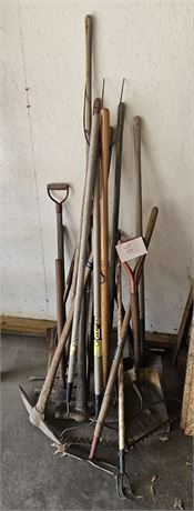 Mixed Yard Tools - Rakes / Picks / Pitch Forks / Shovels & More