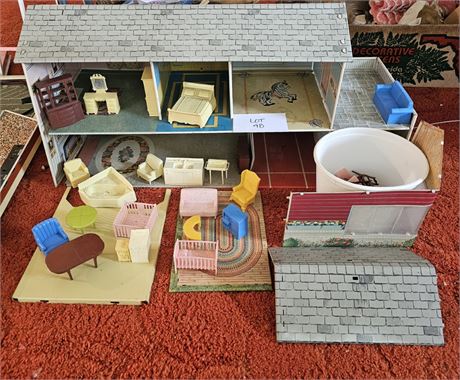 Vintage 1960's Tin Metal Dollhouse With Doll Furniture