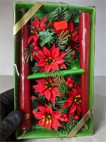 Red Candle, Artificial Poinsettia & Holly Berry Centerpiece Lot