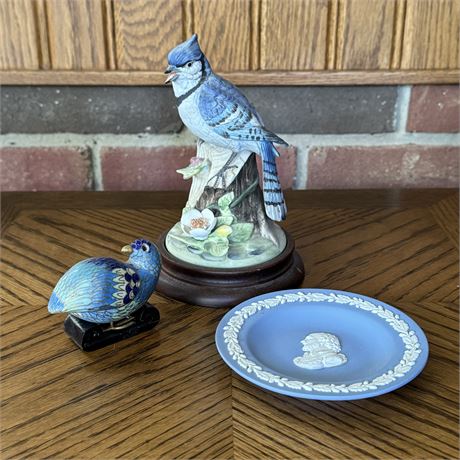 Shades of Blue Collectibles Lot - Wedgwood, Cloisonne Bird, Gorham Blue Jay