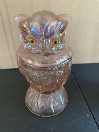 Vintage MCM Imperial Lenox Iridescent Pink Glass Owl Candy/Trinket/Covered Jar