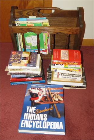 Assorted Books and Wood Magazine rack