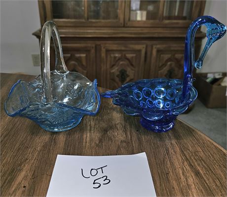 Viking Cobalt Blue Swan Candy Dish, Princess House Aqua Glass Basket