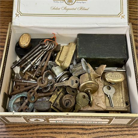 Cigar Box Full of Old Locks, Skeleton Keys and Similar