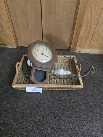 Antique Hanging Oil Lamp/Light & Elgin Battery Op Wood Wall Clock