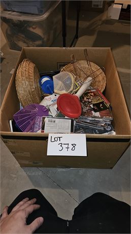 Large Box Of Mixed Misc: Wicker Plate Holders, Mixed CD's , Gift Bags & More