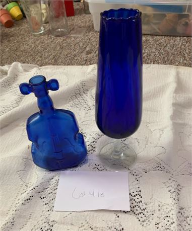 MCM Cobalt Blue Violin Shaped Bottle Vase And Empoli Blue Rib Optic Vase Glass