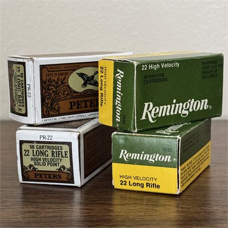 Remington & Peters High Velocity 22 Long Rifle AMMO - 50 Rim Fire x 4 Boxes