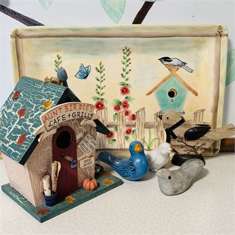 Decorative Bird Motif Decor - Ceramic Tray, Figurines & Birdhouse