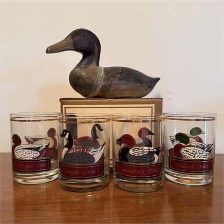 Culver Duck Decoy Lowball Barware Set and Wooden Duck Decoy