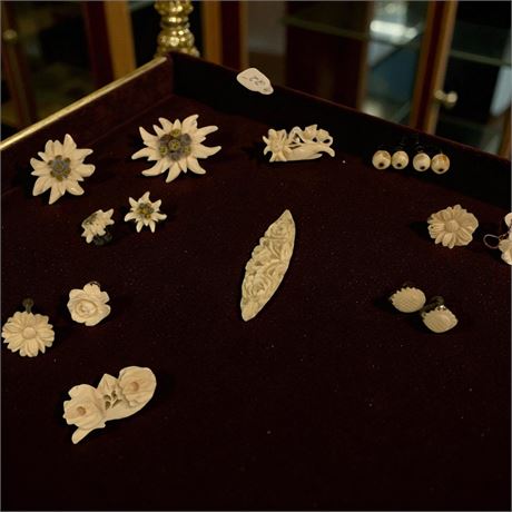 Winard Carved Ivory Rose Screw-Back Earrings, Carved Celluloid Floral Brooch