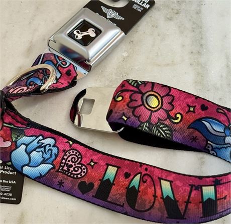 New Tattoo Print Seat Belt Buckle Dog Collar - Size Large, 18-32”