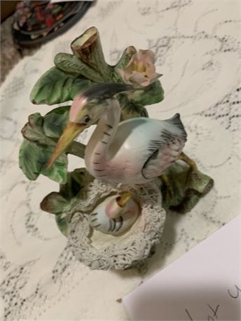 Enesco-Like Porcelain Bisque Crane Or Stork Ceramic Figurine