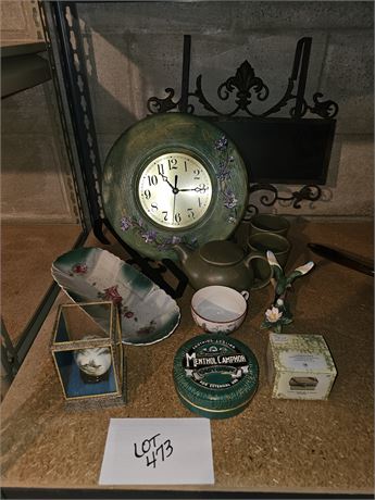 Mixed Green Theme Decor Lot- Wall Clock, Hummingbird Figure, Tea Pot & More