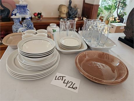 Mixed Kitchenware: Newcor Stoneware Plates/Bowls/Mugs & Pie/Casseroles + More