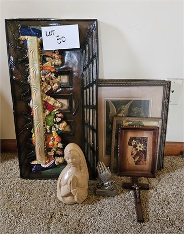 Mixed Religious Art 3D Chalkware The Last Supper Mary Bust, Wood Cross & More