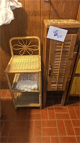 Wicker Storage Shelf & Wood & Stone Top Cabinet