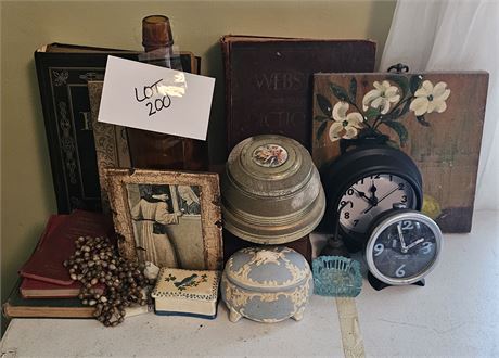 Mixed Decor Lot Student Art, Bible, Clocks, Trinket Boxes & More