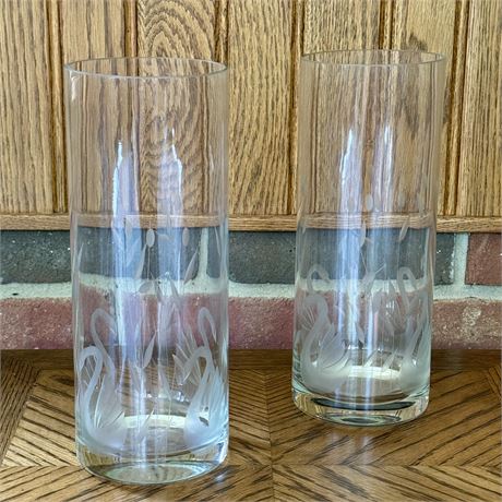 Elegant Pair of Etched Swan Crystal Cylinder Vases - 9.5"T