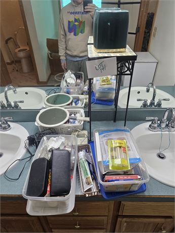 Misc Lot- 20" Tile Top Plant Stand, Clock Radio, Nail Genie & More