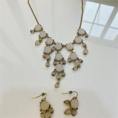 Shiny White Stone Beaded Statement Necklace W/Matching Pierced Dangle Earrings