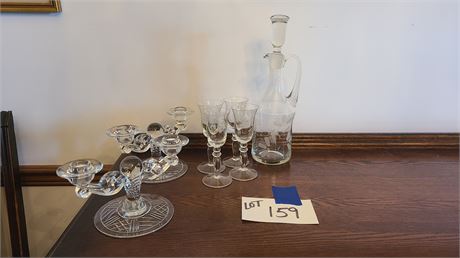 Glass Etched Berry & Leaf Decanter / Cherry Glasses & Candle Holders