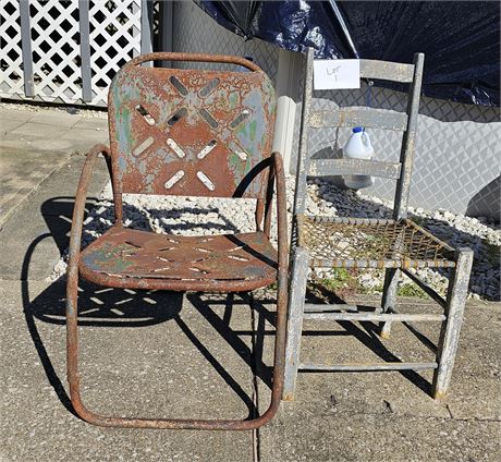 Vintage MCM Metal Outdoor Chair & Antique Wood & Cane Wicker Chair