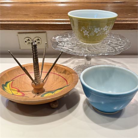 Mixed Vintage Kitchen Lot - Pyrex, Cake Stand, Wood Nutcracker Dish