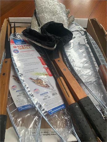Outdoor Grilling Tools Lot - Gloves, Utensils, Fish Grills & More