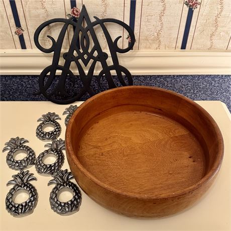 Mixed Lot - VTG 10" Wooden Salad Bowl, XL Queen Anne Cypher Trivet & More