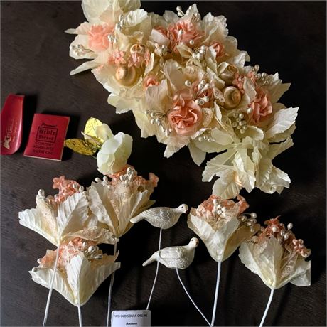 Peach/Cream Faux Flowers & Dove Bird Floral Picks