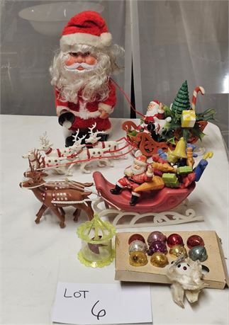 Mixed Vintage Christmas- Battery Op Santa, Plastic Felt Sleigh Santa & Deer