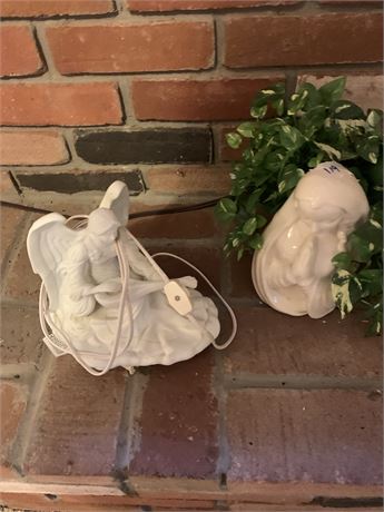 Ceramic Bisque Angel Musician Night Light and White Madonna Virgin Mary Planter