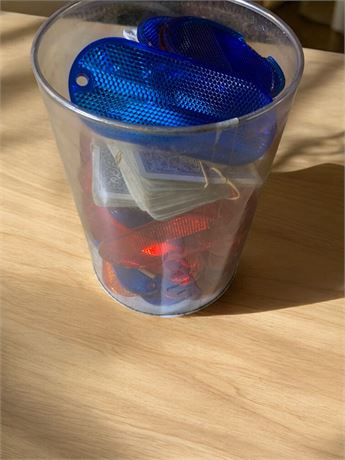 Playing Cards and Blue and Red Multipurpose Reflector Lot In Glass Jar