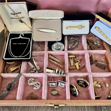 Jewelry Box Filled w/ Mens Vintage Cufflinks, Tie Clips, Sterling $ Clip & More