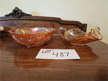 Imperial Carvinal Star&Flower Bowl+Carnival Marigold Jeanette Glass Handled Bowl