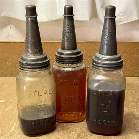 The Master Mfg. Vintage Oil Spouts and Glass Quart Bottles ( w/ Contents)