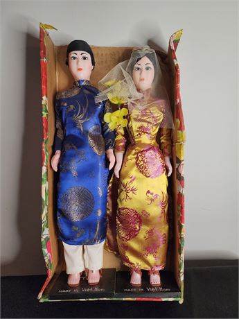 Vintage Vietnamese Bride & Groom Doll Set on Stands