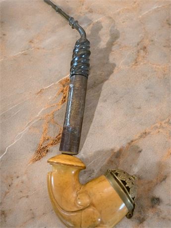 Meerschaum Pipe Amber-Toned with Carved Design and Metal Wind Cap (Antique)